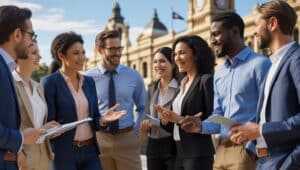 A group of office workers chatting